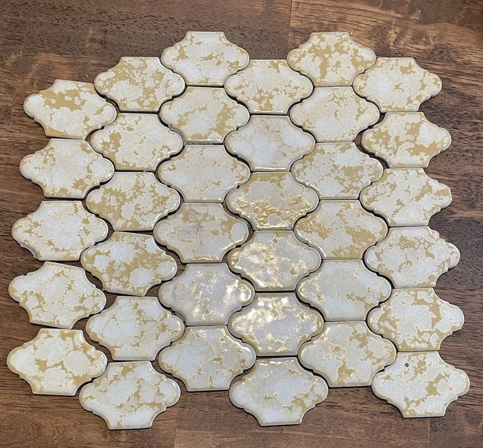 35 Vintage Arabesque 3” Ceramic Tile Marble Effect Gold Fireplace Accent Bath - Image 2 of 4