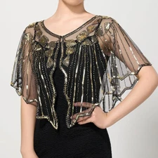 Women 1920 Gold Sequins Shawl Wraps Vintage Evening Cape Bolero Flapper Cover Up