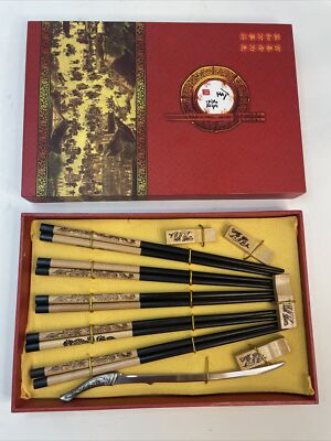Chopsticks/Rests/Gift Box Set Of 5 wood Pyrograph Carved Chinese Panda Style