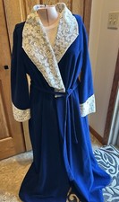 Vintage Vanity Fair Velour Robe Lace Trim Size L Royal Blue Glam Full Length