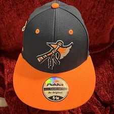 NWT Buffalo Tomahawks youth travel baseball navy/orange poly knit S/M fitted cap