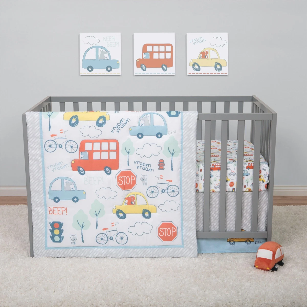 NEW Baby BOY CARS BIKES BUSES ORANGE GREEN BLUE 4Piece Crib