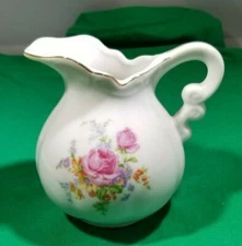 Vintage White Ceramic Pitcher Vase with Handle, Gold Trim Made in Japan  3 1/2"