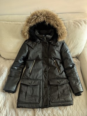 $1150 Mackage Cynthia Black Leather Sleeves Fur Sheepskin Hood Coat Parka Small