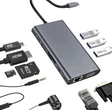 USB C Hub, 10 in 1 Type C Multiport Adapter Dock with Gigabit Ethernet 4k