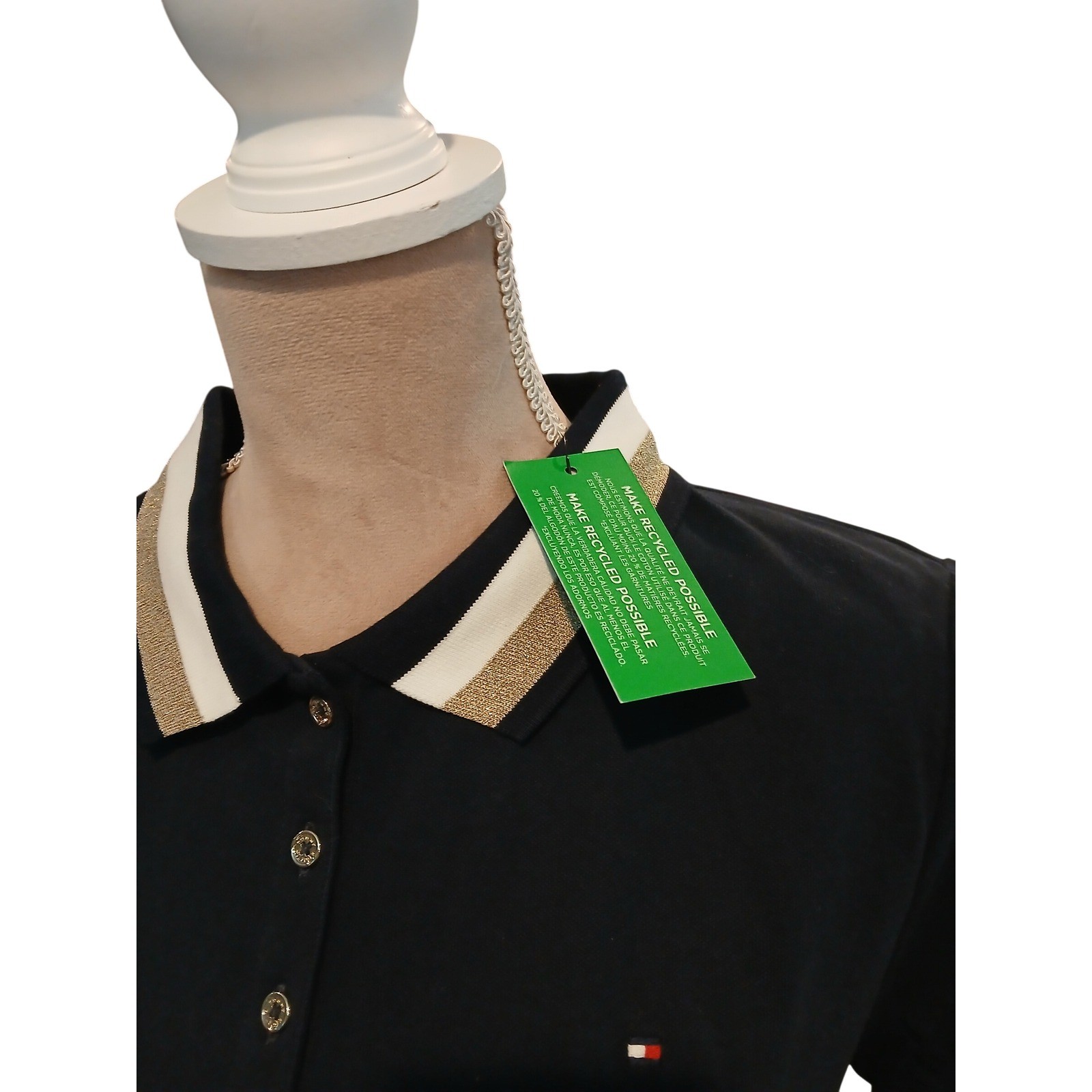 Tommy Hilfiger Heritage Polo Shirt Navy Gold Metallic Stripe Womans Large Preppy thumbnail 3