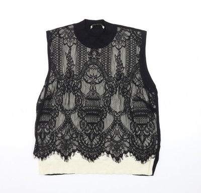Oasis Damen schwarz Stehkragen Spitze ärmellose Strickweste Größe 14