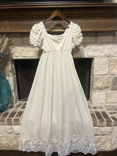 Regency Style Long Maxi Dress Ivory Empire Waist Gown with Puff Sleeves Size L