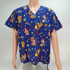 Disney Halloween Scrub Top XL Blue Mickey Minnie Donald Mock Wrap MK39A962