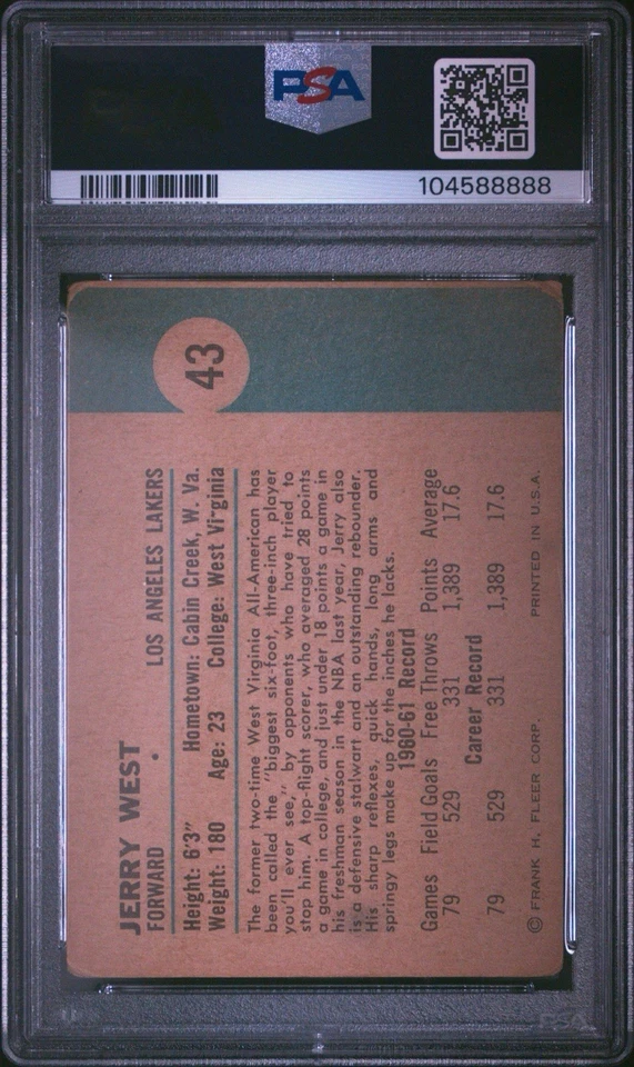 Fleer #43 Jerry West 1961 novato de la corte Los Angeles Lakers PSA 1,5 RC cabra Foto 2 de 2