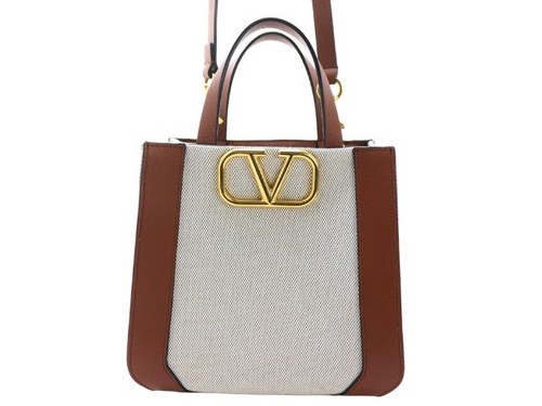 Valentino V Logo 2way Bag Shoulder Bag Canvas / Leather White / Brown #DB668