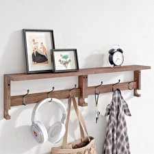 Wall-Mounted Wood Coat Rack 6 Metal Hooks 31.5 Inch Entryway Shelf VERTORGAN