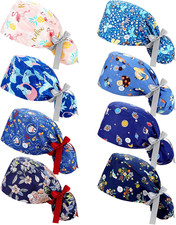 8 Pieces Scrub Caps with Buttons Bouffant Hats with Sweatband Adjustable Ponytai