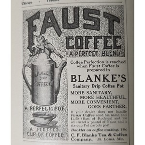 1916 Blanke's Sanitary Drip Coffee Pot Faust Coffee Advertisement Print Art