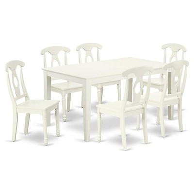 East West Furniture Capri 7-piece Wood Dining Set with Panel Back in Linen White