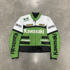 VTG 90s Kawasaki Leather PVC Motorcycle Racing Biker Jacket Size medium Green
