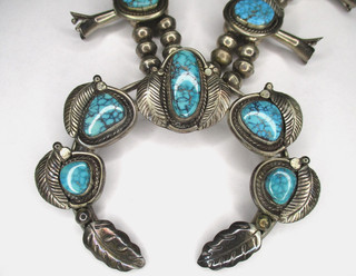 206g Signed Navajo Squash Blossom Necklace Sterling Silver & Turquoise Beaded