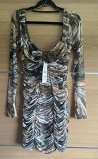 Zara Size S 8 10 Green Orange Marble Draped Tulle Mesh Mini Dress Long Sleeve D5