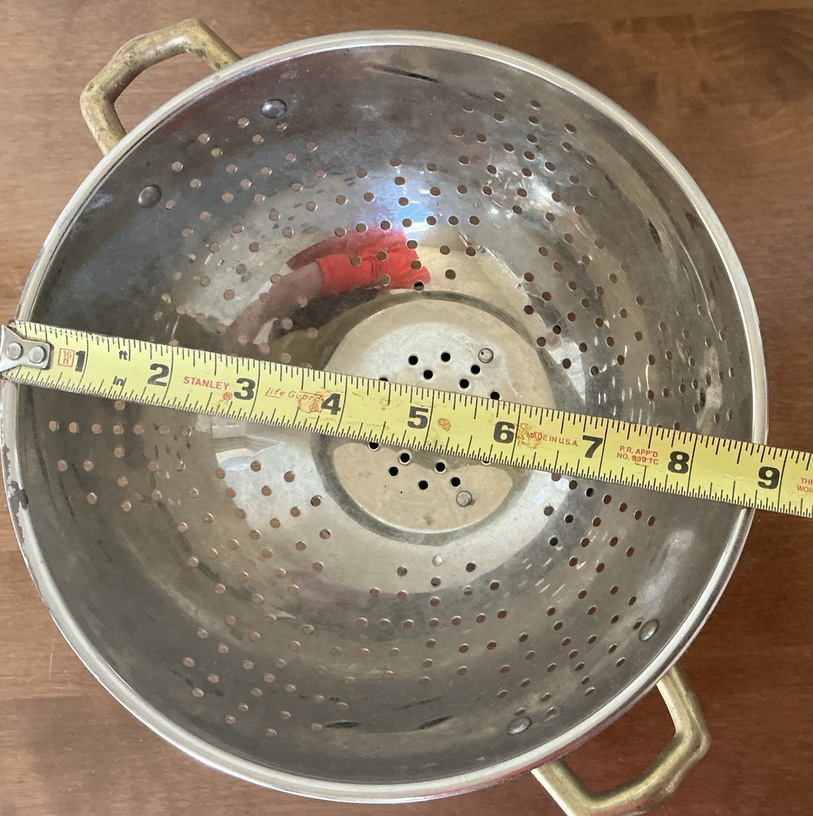 Vintage Copper Strainer Colander w Brass Handles & Pedestal Base 9 inch