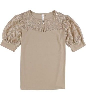 NY Collection Womens Puff Lace Sleeve Knit Blouse, brown, Petite, P/PS