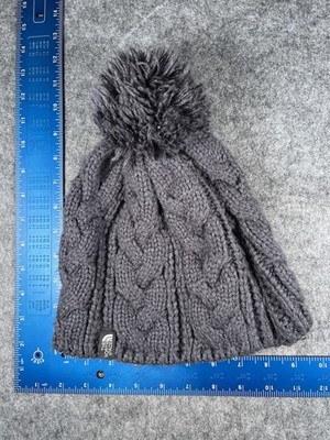 The North Face Hat Beanie Womens One Size Gray Cable Knit Bobble Pom Winter Warm