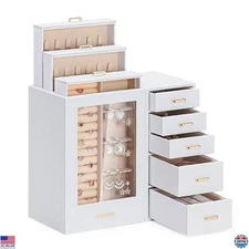 Large Jewelry Box Organizer with Glass Window & Drawers for Necklaces & Rings