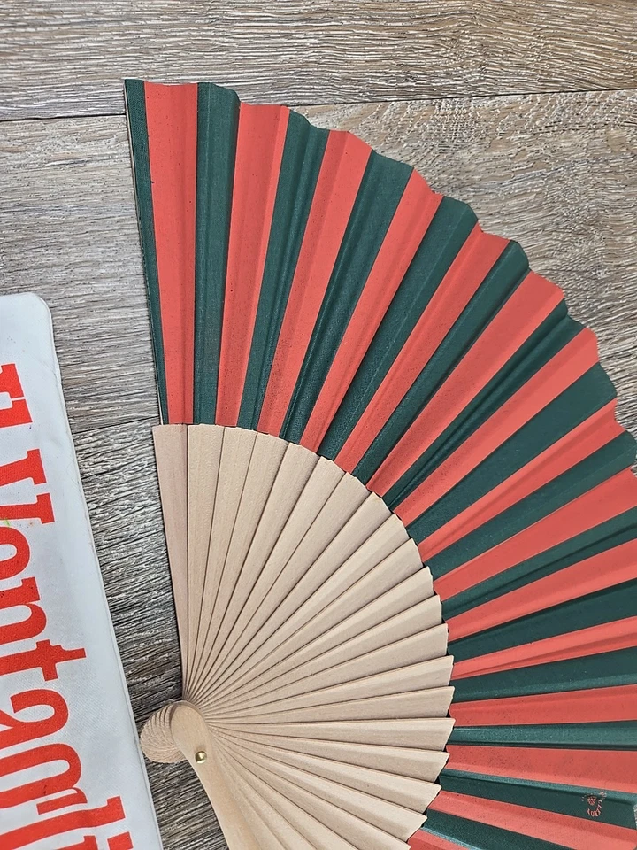 Classic Duvelleroy Paris Wooden & Linen Hand Fan Green Red French France - Image 3 of 4