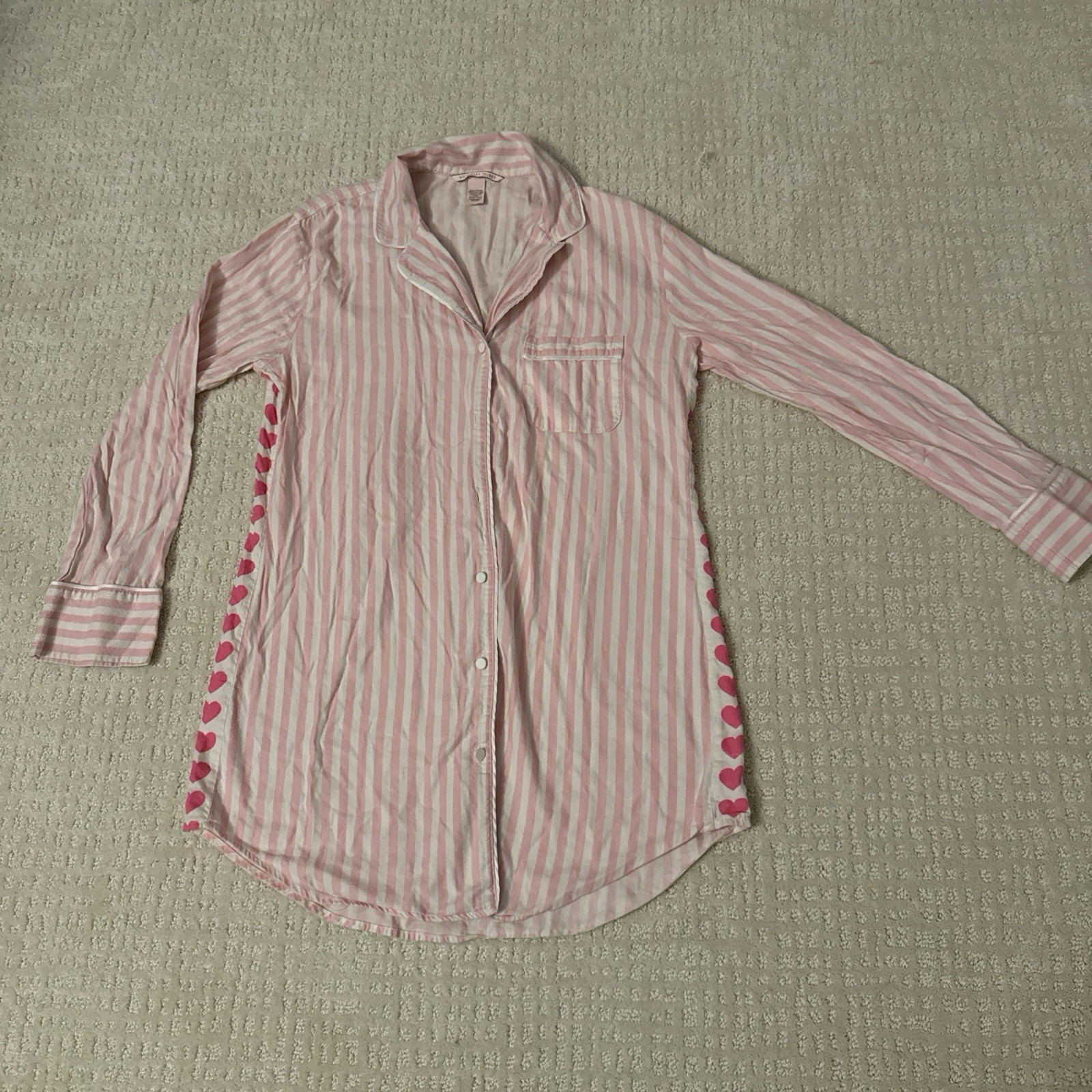 Victoria Secret Button Up Lounge Night Sleep Shirt XS Pink Heart Stripe Womens