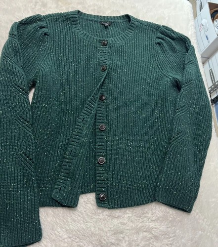 Talbots Sz L Button Up Heavy Knit Sweater Green With Speckles Of White Cozy - Picture 3 of 10