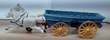 Vintage Cast Iron Two Horse Drawn Blue Hay/Conestoga Un-Covered Wagon Toy