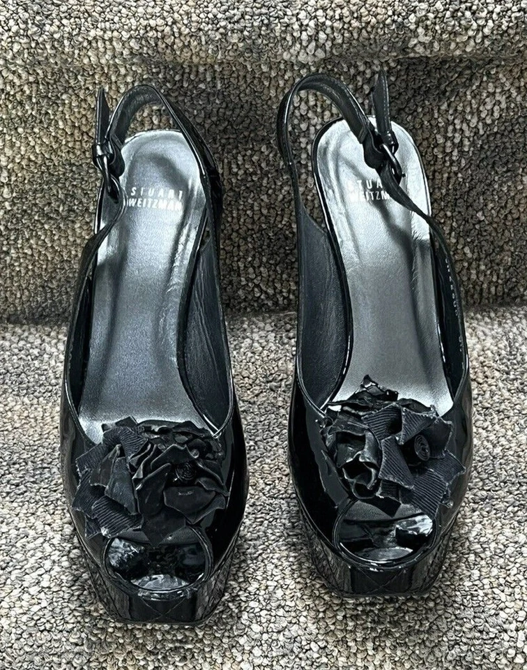 Stuart Weitzman Black Patent Leather Flower Stilettos Slingbacks KIMBOW 8.5 - Image 2 of 4
