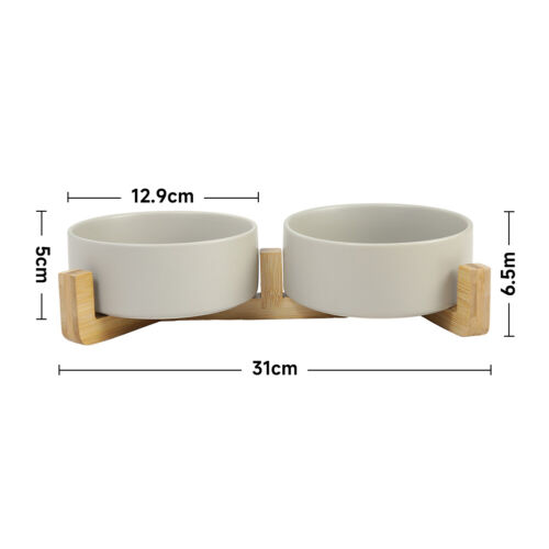 Wooden Ceramic 31cm Double Pet Bowl Dog Cat Twin Food Water Dish Feeding Station - Picture 3 of 17