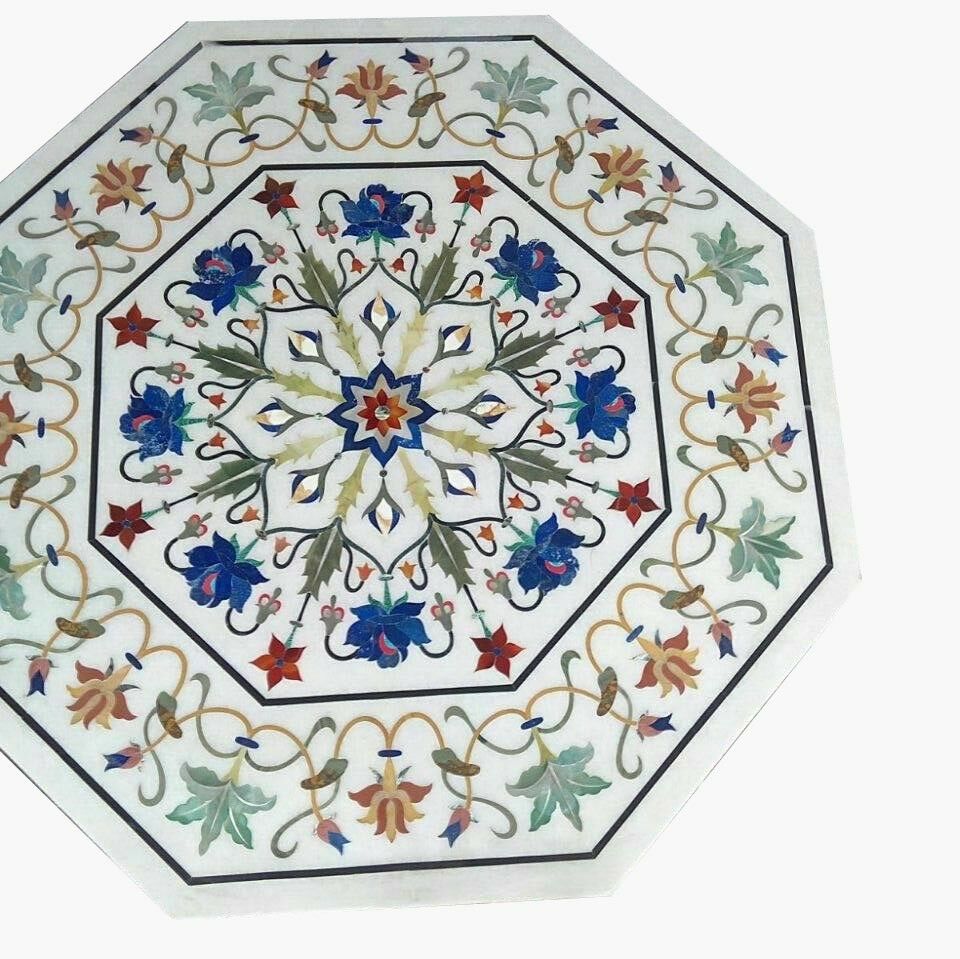 24-Inch Marble Side Table with Pietra Dura Semi-Precious Stone Inlay for Elegant Home Decor