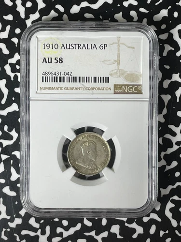 1910 Australia 6 Pence Sixpence NGC AU58 Lot#G215 Silver!