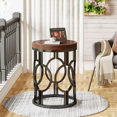 Round Wood End Table with Metal Base, Sofa Side Table Small Tea Coffee Table