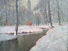 Antique Oil Painting Anton Stockmann 1968-1940 Swiss Snowscape Landscape 16x20