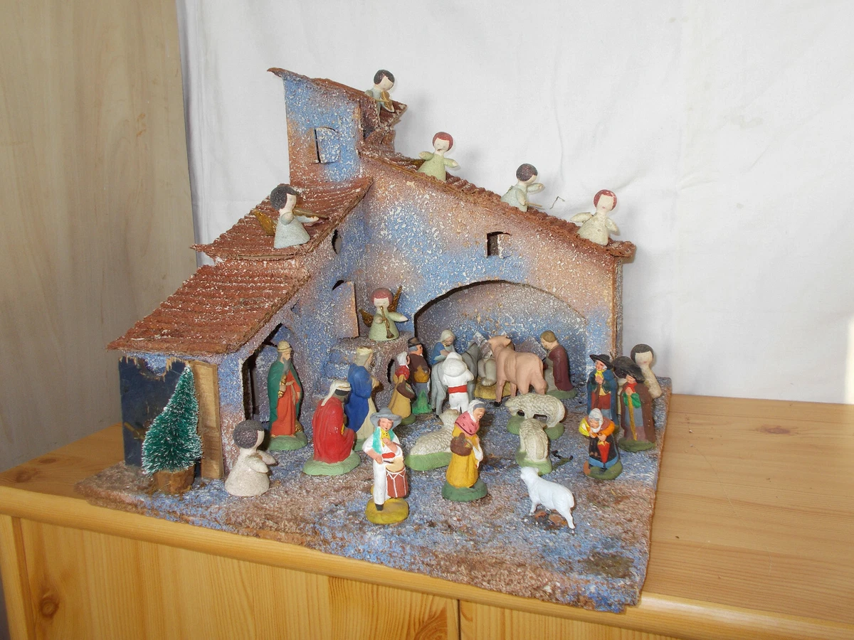 ancien originale grande crÈche artisanale noËl 13 santons