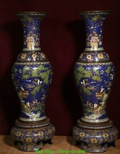 47.2''Old Chinese Cloisonne Enamel Bronze Pine Tree Crane Deer Bottle Vase Pair
