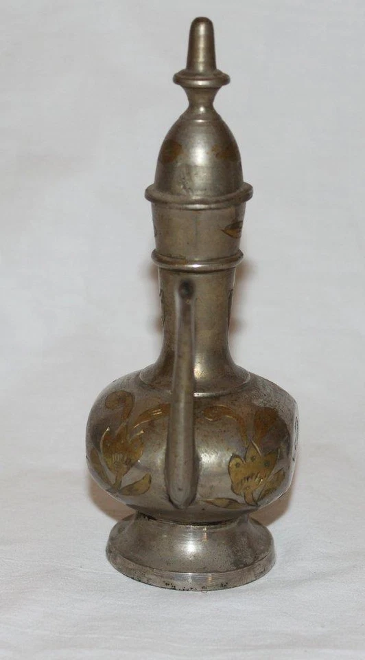 Vintage Etched Brass Ewer Teapot Genie Oil Pitcher Hinged Lid Made in India 6" - Image 4 of 4