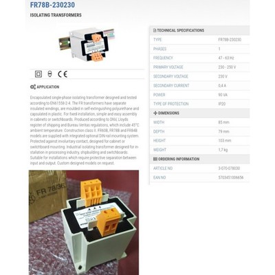 NORATEL FR78B-230230 ISOLATING TRANSFORMER 90VA Ip20 Pri V 230-250V Sec V 230V