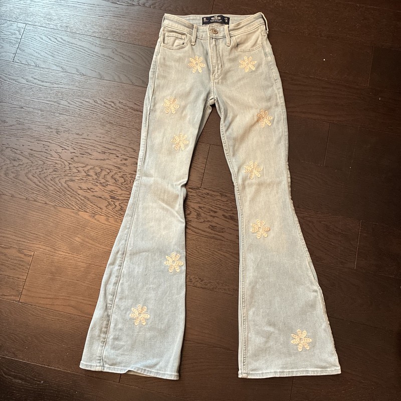 HOLLISTER OS Embroidered Daisy Hippy Flare Denim Blue Jeans 24 X 30