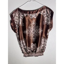 Heart & Soul Brown Satin Bandana Print Blouse – casual bojo Size M