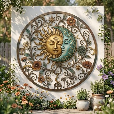 Celestial Sun Moon Metal Wall Art, Boho Garden Decor Sign, Whimsical Floral Pati