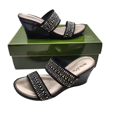 New Coach and Four Women's Black Wedge Sandals Embellished Rhinestones Size 7.5M