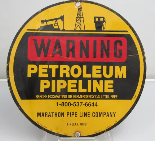 WARNING Petroleum Pipeline Metal Sign Marathon Findlay Ohio 11.75" Vintage