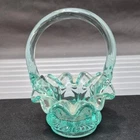 Vintage Fenton Aquamarine Teal Glass Basket w/ Handle Ruffled Edge Handmade USA