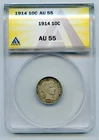 1914 Barber Silver Dime 10c ANACS AU55