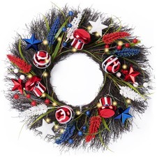 18 Inches 4th of July Wreath for Front Door with Lights, Red White Blue Patri...