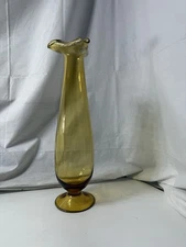 Vintage Amber Empoli Art Glass Pedestal Bottle Vase W Curled Lip MCM 17.5" Tall
