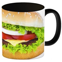 Kaffeebecher Henkel Und Innenseite Schwarz Mit Cheeseburger Motiv